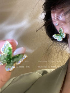 Green Fairy Sapphire Crystal Butterfly Earrings Minimalist Design for Women High-End Fashion Jewelry from Japan and South Korea