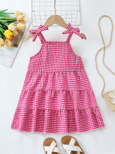 Summer Baby Girls Dress Pink Gingham Plaid Bow Strap Tiered Ruffle A-Line Dress Casual Party Wear Infant Toddler Polyester Fiber