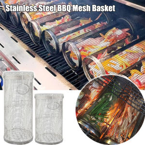 1PC BBQ Basket Wire Mesh Cylinder Grill Basket Stainless Steel Rolling Grilling Basket Portable Outdoor Camping Barbecue Rack