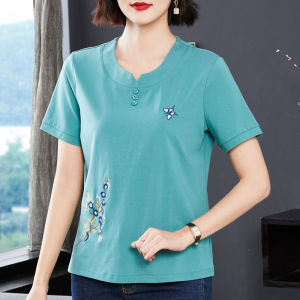 Summer New Womens Cotton Loose Short Sleeve T-Shirt Moms Fashionable Versatile Half Sleeve Top Moisture Wicking round Neck