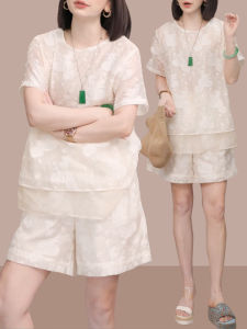 Shalldoer | Fashionable High Waist Short Shorts Set Womens Round Neck Short Sleeve Embroidered Top Bottoms Matching Summer Outfit Two-Piece Set