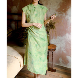 Retro Style Silk Linen Dress Printed Three Quarter Sleeves Drawstring Low Slit Qipao Chinese New Style Artistic Tea Costume