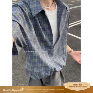 Layered Grid Pattern Casual Feel Mens Shirt V-Neck