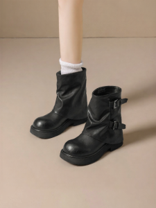 Josiny | Thick Heel Black Belt Buckle Martin Boots British Retro Style