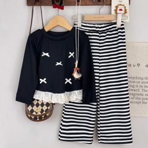 Girls Spring Autumn Long Sleeve O-Neck Bow Decoration Top + Striped Print Pant 2 Pcs Set 3-7 Years Children Daily Casual Clothes