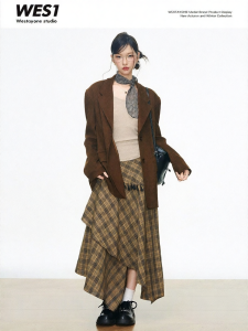 WESTAYONE | Petite Elegant Suede Casual Blazer New 2026 Plaid Fringe Skirt