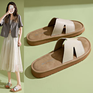 Leather Flat Bottom Sandals Womens New Summer Outdoor Fashion Versatile High-End Retro H Sandals Beach One-Strap Slippers
