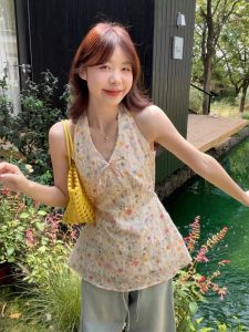 Áo Vest Thêu Cổ Treo Không Tay Hoa Thời Trang Mùa Đông Phong Cách Hàn Quốc Thanh Lịch Áo Thun Nữ Tay Ngắn Thường Ngày