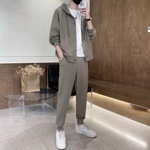 ROMON | Romon Mens Casual Hooded Sweater Cardigan Set Spring New Style Long Sleeve Sports Pants Two-Piece Suit Polyester Spandex Blend