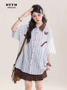 HTYM Full Score Womens High School Retro Butterfly Embroidery Short Sleeve Loose Striped Polo Collar Shirt Summer Fashion