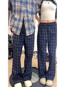 Quần Dài Ống Đứng Kẻ Caro Màu Xanh Đậm Cho Nam Mùa Hè Mỏng Quần Dài Ice Silk Quần Dài Thường Ngày Quần Dài Ống Rộng