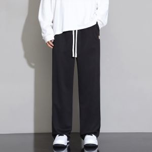ROMON | Romon Mens Casual Straight Leg Sporty Sweatpants Black Loose Fit Long Trousers Fashionable Spring Autumn Wear Polyester Fiber