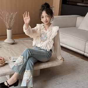 Girls National Style Suit 2024 New Western Style Childrens Fashionable New Chinese Style Shirt Childrens Jeans Two-Piece Suit Fashion