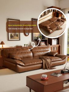 Vintage Wax Leather Multi-function Foldable Sofa Bed