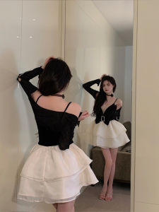 เรียบหรู บล็อคสี French Lady Style ฤดูร้อน เดรส สําหรับ พลัสไซส์ ผู้หญิงที่มี รัฟเฟิล กระโปรงสั้น คอ V สูง เอว แขนยาว