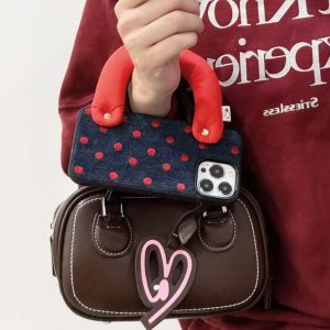 ♥Ready Stock +FREE Shipping+COD♥2024 NEW Korean INS Denim Cloth Red Polka Dots Vintage Chic Phone Case for iPhone 16 15 14 13 Pro Max Back Phone Cover Capa
