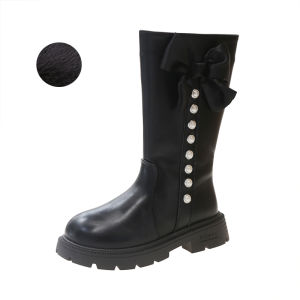 Giày Bốt Cao Gót Cho Bé Gái Mùa Thu Đông Mới Về Giày Bốt Da PU Mềm Màu Đen Có Lót Lông Cừu Giày Bốt Công Chúa Thời Trang