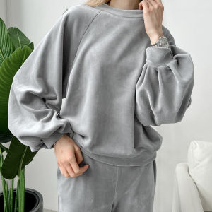 Velvet Pajamas For Women 2 Piece Sets Knitted O Neck Lantern Sleeve Sleepwear Female Loose Trouser Suits Autumn Casual