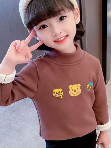 Thickened Double-sided Velvet Fleece Lined Long Sleeve Cartoon Print Top for Girls Base Shirt Autumn Winter Childrens Fashion