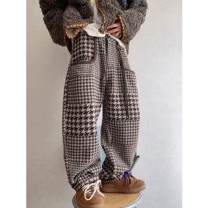PAZHAOLANG | Plus Size Retro Houndstooth Wide Leg Leisure Pants Warm Fabric