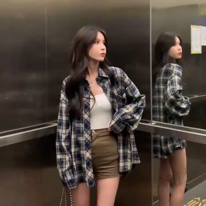 Áo sơ mi 1 túi kẻ caro tay dài phom rộng KUDOSHOP Sơ mi nữ tay bồng oversize cá tính