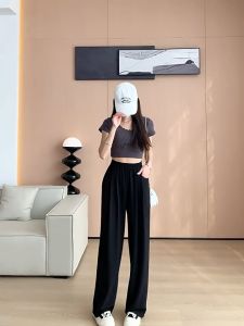 [S-4XL] Celana lebar lurus pinggang tinggi celana setelan longgar drapey celana kasual wanita