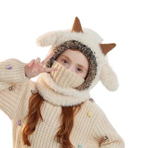 Kids Lamb Balaclava Hat Cute Animal Face Mask Fleece Lined Warm 2-in-1 Winter Cap for Boys Girls Children