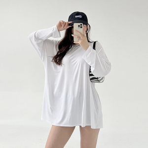 Modal T-shirt Women's Spring/Summer Loose Plus Size Plus Size Ladies Idle Style Mid Length Long Length Pure Color Sun Protection Shirt Long Sleeves Bottoming Shirt