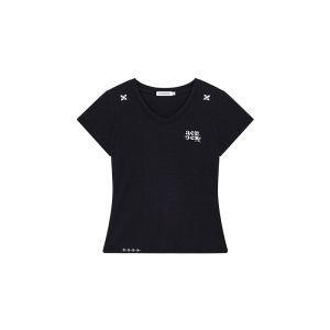A chock | Texture Embroidery V-Neck Fitted T-Shirt