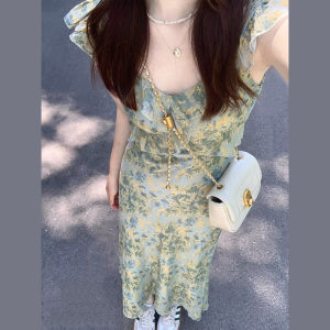 Beach Vacation Floral Print Mini Dress Womens Summer 2025 New Style Tea Break Orange Dandelion French Long Skirt Sweet Japanese Style