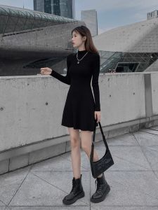 French Style Silm Elegant A- line Knitting Dress Womens Autumn and Winter Half-High Collar inside Matching Overcoat Black Primer Skirt