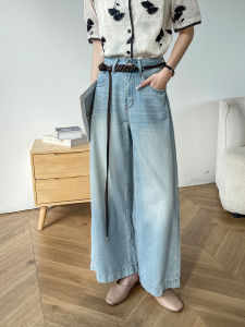 Retro Light Blue Denim Pants Women Summer Thin New Small Size Long High Waist Loose Straight Wide Leg Pants Casual Style