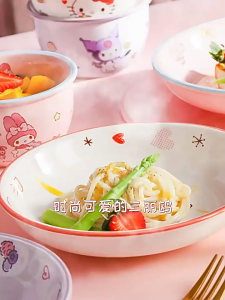 [SG] Sanrio 8inch Ceramic Round Plate Rice Noodle Dinnerware Hello Kitty Cartoon Character Melody Kuromi depth Dish