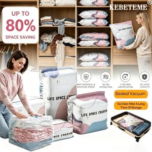 KEBETEME Vacuum Storage Bags for Clothes Quilt Blanket Up To 80% Space Saving Moisture Proof Anti-Mildew Reusable Sealed Air Extraction Vacuum Compression Bag for Wardrobe Travel Luggage
