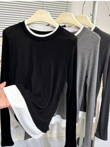 เสื้อยืดแขนยาวผู้หญิงฤดูใบไม้ผลิและฤดูใบไม้ร่วงสวมใส่สบาย ผ้าฝ้ายผสมโพลีเอสเตอร์ ทรงปกติ คอกลม เสื้อผ้าทำงาน