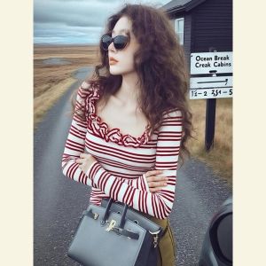 SHANGSHA | Stylish K-fashion American-spicy Red Lace Stripes T-shirt