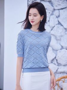 WANGGONGZHU | เสื้อยืดแขนสั้นผ้าไหมน้ำแข็งสำหรับผู้หญิงในช่วงฤดูร้อน เสื้อผ้าทำงานสไตล์เกาหลีแบบบาง ทรงหลวม ปกติ คอตั้ง แขนสั้น ปกติ