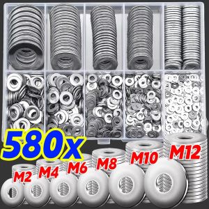 580PCS High-Quality Stainless Steel Washers M2 M2.5 M3 M4 M4 M5 M6 M8 M10 M12 Metal O Ring Gasket Fixing Fastener Classification Kit Suitable for Home Industrial Car Repair