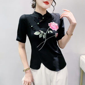 Chinese Style Retro Buckle T-shirt Womens Short-Sleeved Summer Wear European Goods Fashion Irregular Slit Tops Elegant Small Shirt Fashion