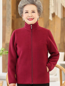 SHIPAILUO | Warm Fleece Lined Hoodie Sweatshirt For Middle Aged And Elderly Women In Red Casual Loose Fit Zipper Closure Short Jacket