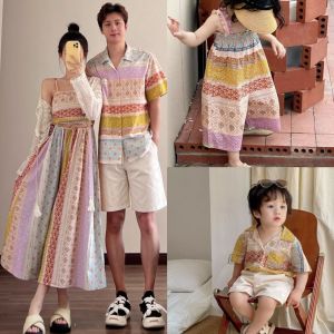Bohemian Cotton Summer Family Matching Outfits Beach Vacation Mother Daughter Dresses And Kids Clothing Sets for Three Generations