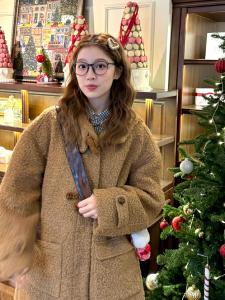 Womens Loose Fit Lamb Fur Coat Autumn Winter New Style Coffee Color Thickened Hooded Button down Long Sleeve Korean Style