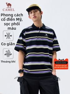 CAMEL | Áo Thun Polo Sọc Dáng Rộng Mùa Hè Cổ Điển Thoáng Khí Tay Ngắn