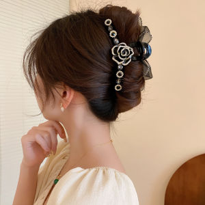 Black Double Rhinestones Camellia Bow Net Shark Hair Claw Clips for Women Fashion Temperament Exquisite Accessories Wholesale K0