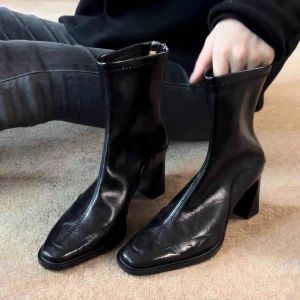Retro High Heel Leather Martin Boots Short Boots Womens Chunky Heel British Style Short Tube Single Boots Square Head