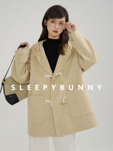 Double-faced Pink Hooded Short Horn Button Womens Wool Coat