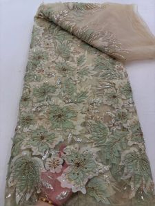 African Groom Beaded Lace Fabric 5 Yards High Quality French Sequins Lace Fabric Nigerian Mesh Women Wedding Dress Sewing
