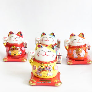 Mèo thần tài vẫy tay kinh doanh năng lượng mặt trời tự động may mắn mini 5 màu đỏ cam vàng xanh sứ trắng họa tiết hoa sen kích thước 11-15cm