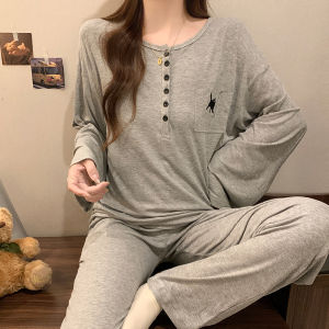 Womens Modal Sleepwear Set Long Sleeve Loose Comfortable Spring Autumn Gray Casual Home Clothes Sweet Style Button Decoration