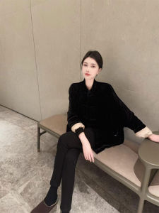 YUFUQING | New Chinese Style Black Velvet Jacket Womens Spring Autumn High End Tang Costume Zen Sensation Fashionable Outerwear Top
